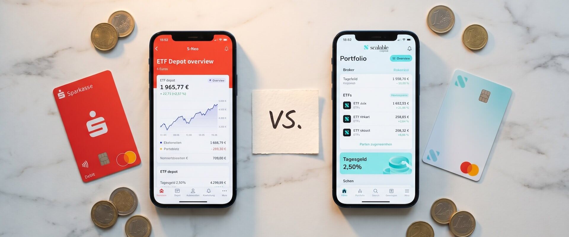 Zwei Smartphones im Direktvergleich: S-Neo-App mit ETF-Depot in Rot und Scalable-Capital-App mit Portfolio plus 2,50 Prozent Tagesgeld-Banner, dazwischen VS.-Notiz, Sparkassen-Karte und Scalable-Karte auf Marmor