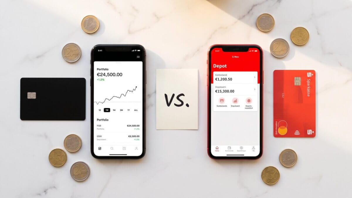 S-Neo vs. Trade Republic im Vergleich: Zwei Smartphones mit App-Interfaces nebeneinander, schwarze und rote Depotkarte