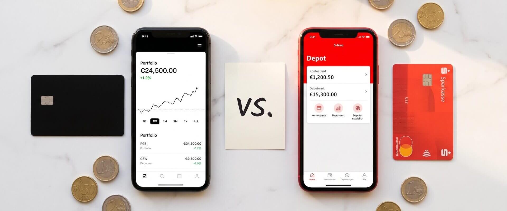 S-Neo vs. Trade Republic im Vergleich: Zwei Smartphones mit App-Interfaces nebeneinander, schwarze und rote Depotkarte