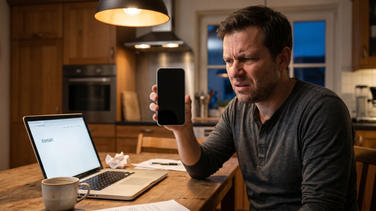 Mann sitzt abends am Küchentisch und hält frustriert ein Smartphone mit schwarzem Display in die Kamera. Daneben ein Laptop mit leerer Kontaktseite einer Bank-Webseite.