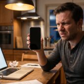 Mann sitzt abends am Küchentisch und hält frustriert ein Smartphone mit schwarzem Display in die Kamera. Daneben ein Laptop mit leerer Kontaktseite einer Bank-Webseite.
