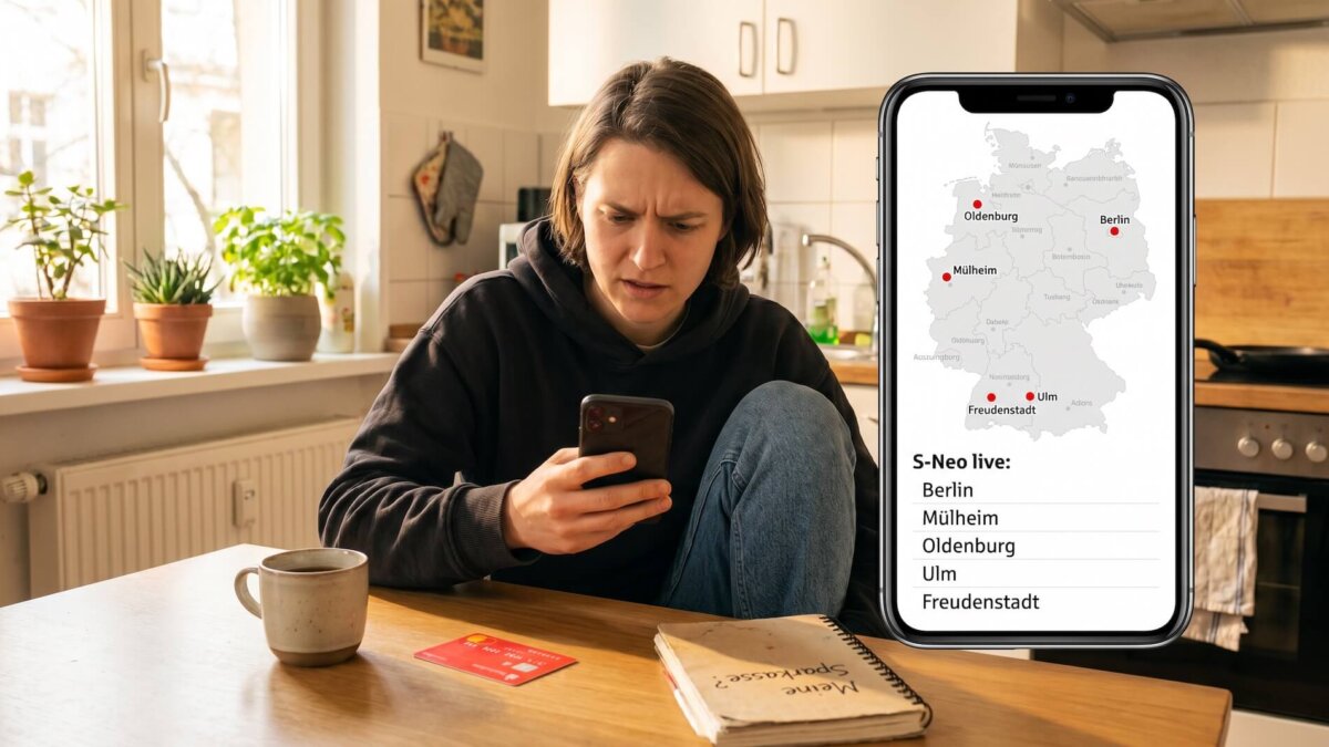 Frau in der Küche prüft auf ihrem Smartphone, ob ihre Sparkasse S-Neo anbietet, daneben großes Smartphone mit Deutschland-Karte und den fünf S-Neo-Pilot-Sparkassen Berlin, Mülheim, Oldenburg, Ulm und Freudenstadt
