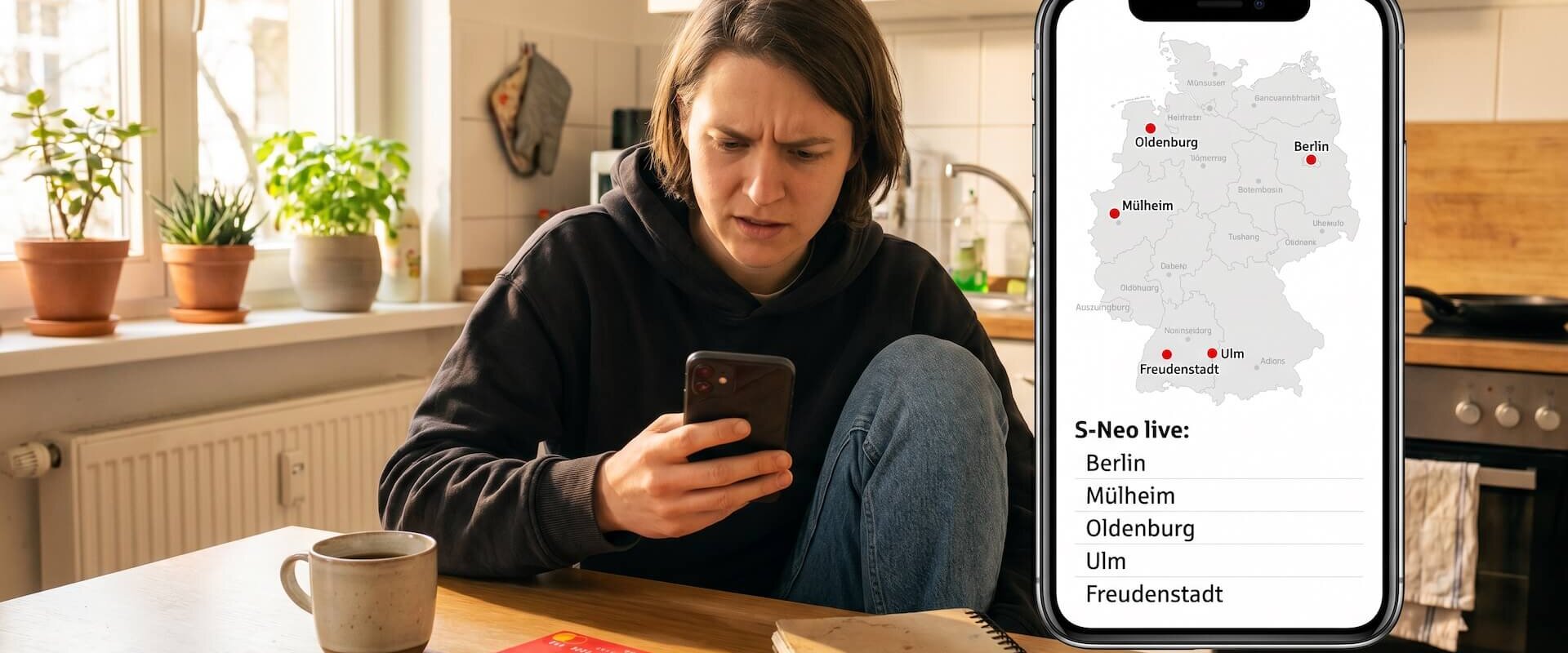 Frau in der Küche prüft auf ihrem Smartphone, ob ihre Sparkasse S-Neo anbietet, daneben großes Smartphone mit Deutschland-Karte und den fünf S-Neo-Pilot-Sparkassen Berlin, Mülheim, Oldenburg, Ulm und Freudenstadt