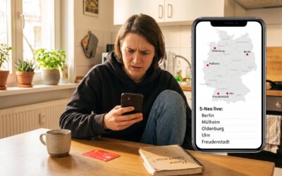 Frau in der Küche prüft auf ihrem Smartphone, ob ihre Sparkasse S-Neo anbietet, daneben großes Smartphone mit Deutschland-Karte und den fünf S-Neo-Pilot-Sparkassen Berlin, Mülheim, Oldenburg, Ulm und Freudenstadt