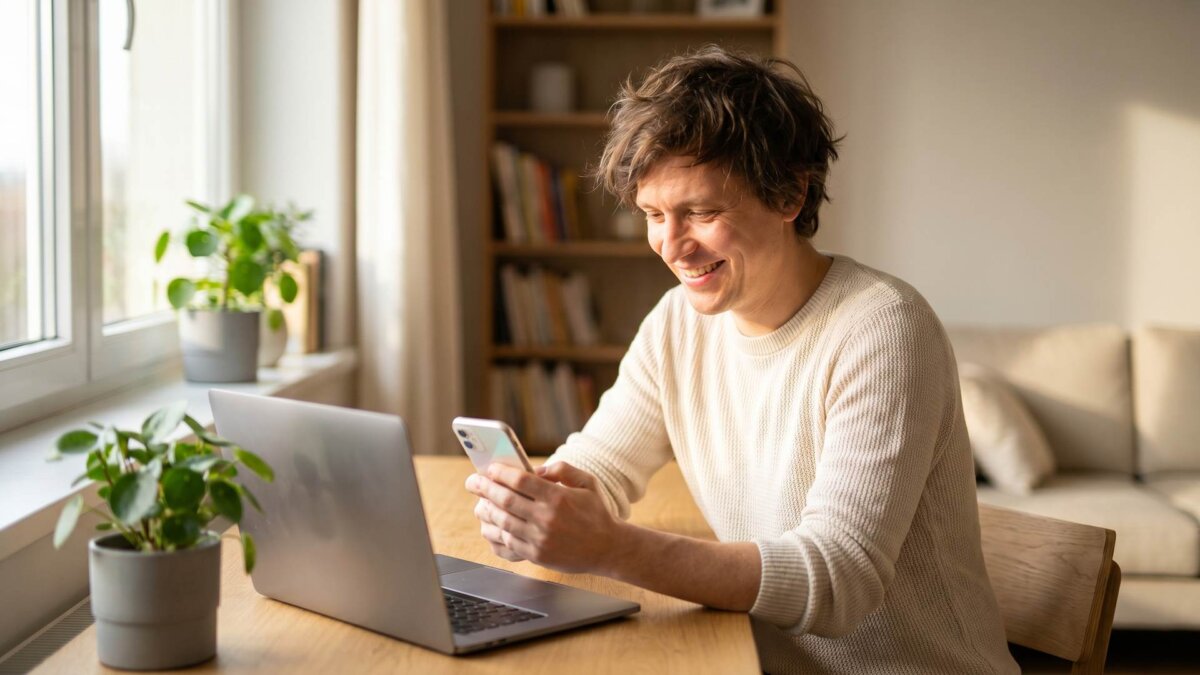Lächelnder Mann beim Online-Banking mit dem Smartphone an einem hellen Schreibtisch zu Hause