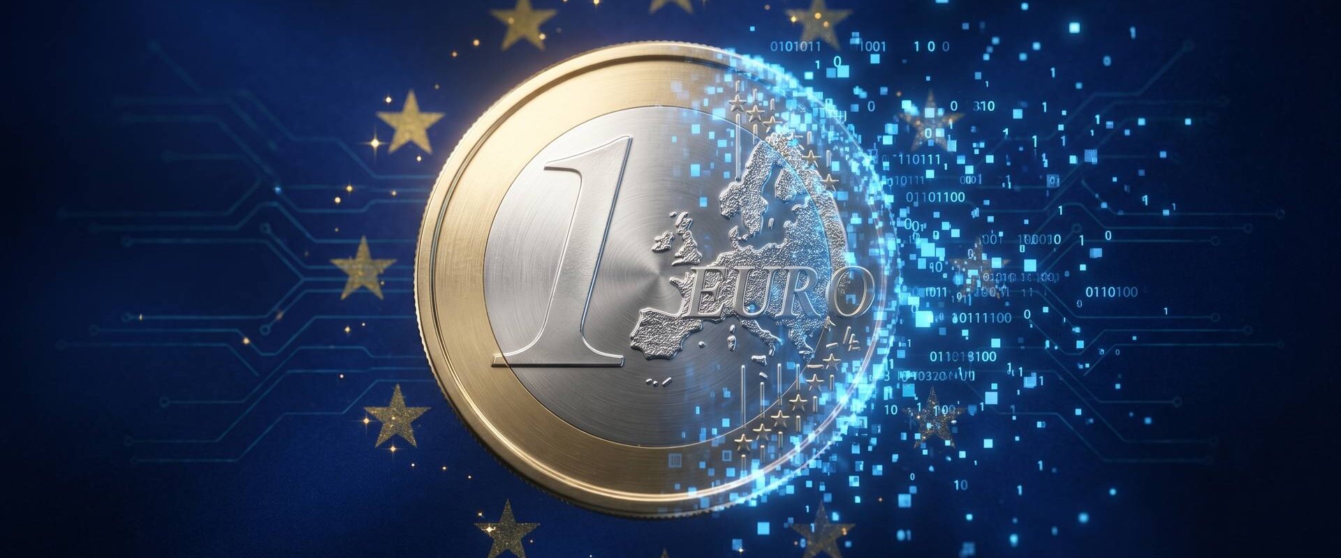 Eine Euro-Münze löst sich am Rand in blaue digitale Pixel auf, vor dunkelblauem Hintergrund mit goldenen EU-Sternen, als Sinnbild für den digitalen Euro