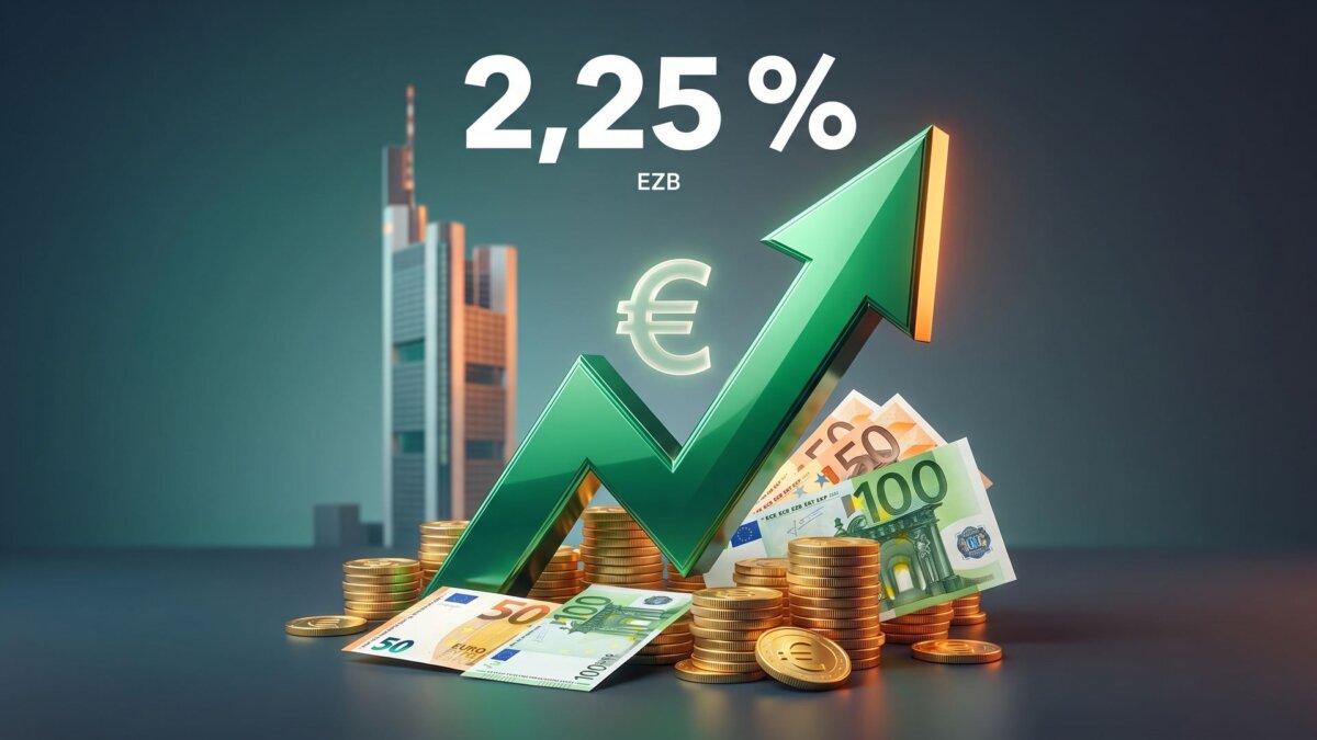 Grüner Aufwärtspfeil über Euro-Münzen vor dem EZB-Tower, Zahl 2,25 Prozent, Symbol für die EZB-Leitzinsanhebung im Juni 2026