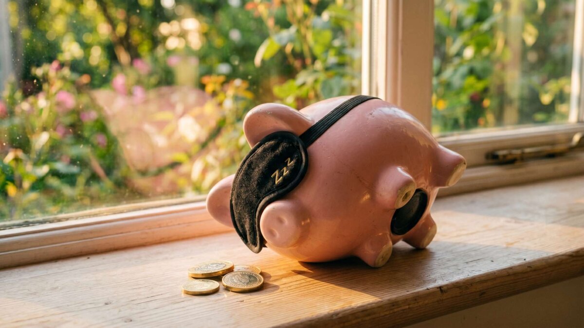 Schlafendes Sparschwein mit Schlafmaske auf einer Fensterbank, Symbol für ungenutztes Geld auf dem Sparbuch