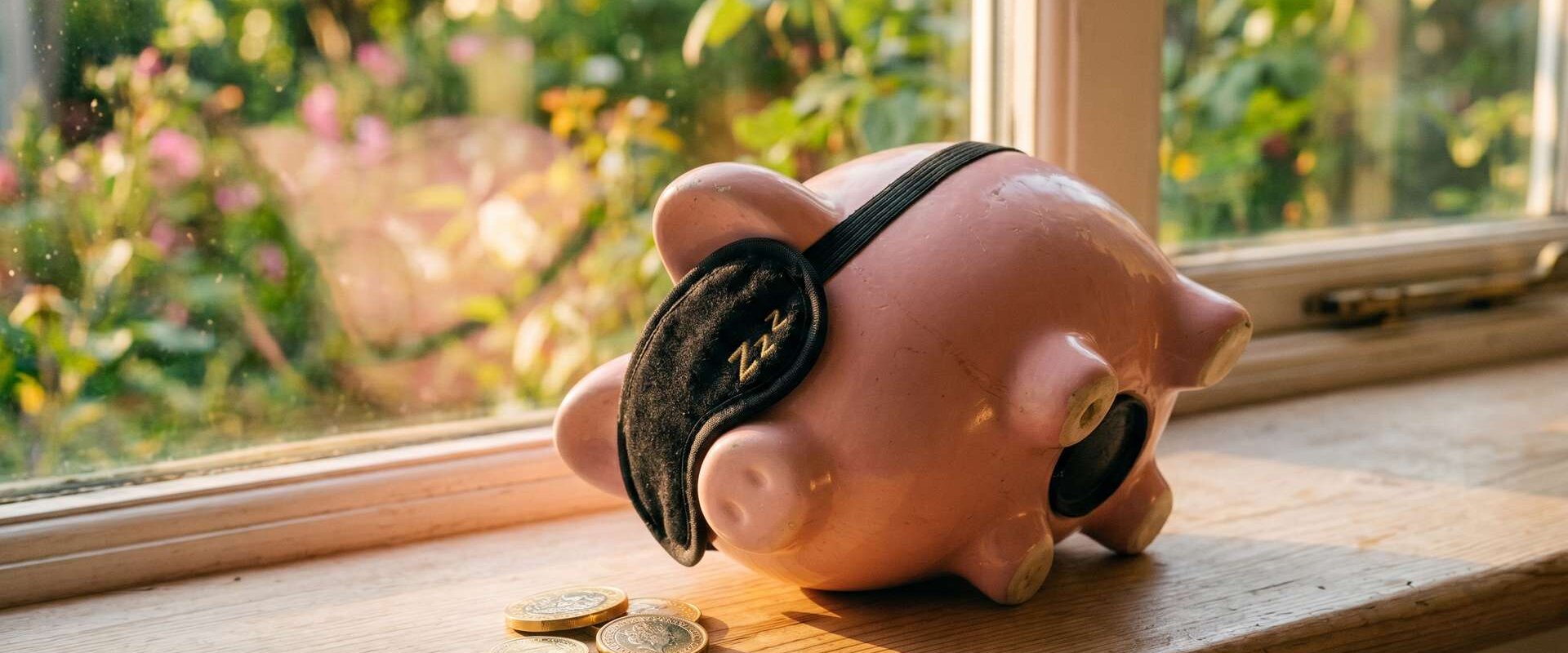 Schlafendes Sparschwein mit Schlafmaske auf einer Fensterbank, Symbol für ungenutztes Geld auf dem Sparbuch