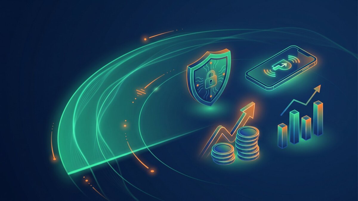 Illustration zum Finanzradar-Wochenrückblick: Radarbogen mit Schutzschild, Smartphone, Münzstapel und Kursdiagramm in Navy, Emerald und Orange