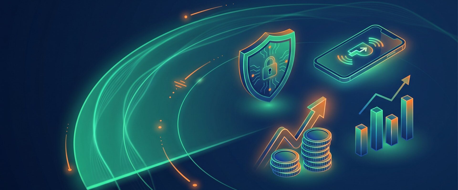 Illustration zum Finanzradar-Wochenrückblick: Radarbogen mit Schutzschild, Smartphone, Münzstapel und Kursdiagramm in Navy, Emerald und Orange