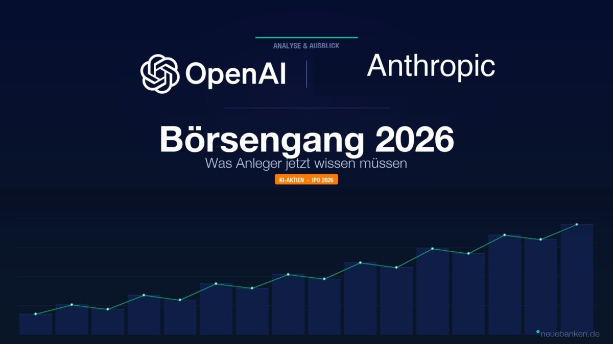 OpenAI- und Anthropic-Logo mit Schriftzug Börsengang 2026, Schlüsselvisual zum KI-IPO