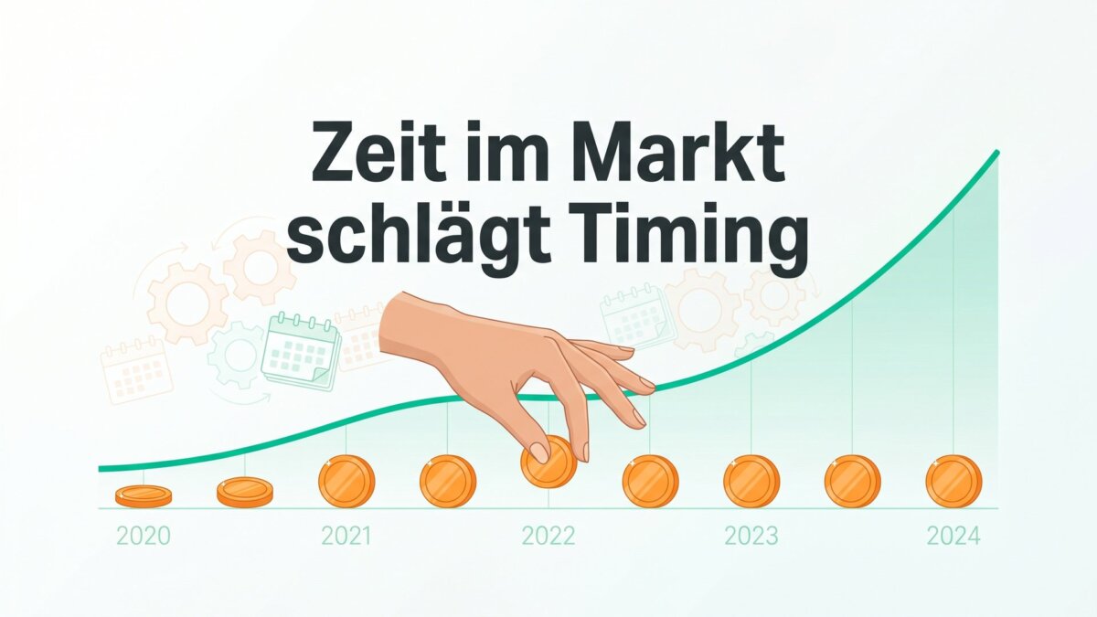 Langfristig steigender Anlagechart mit regelmaessigen Sparraten und Jahresachse, Schriftzug: Zeit im Markt schlägt Timing