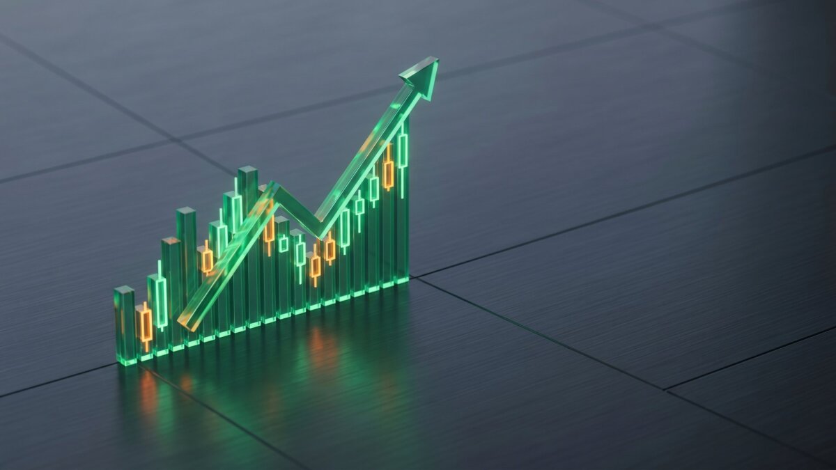Steigender grüner Aktienkurs mit Pfeil nach oben als Symbol für den KNDS-Börsengang