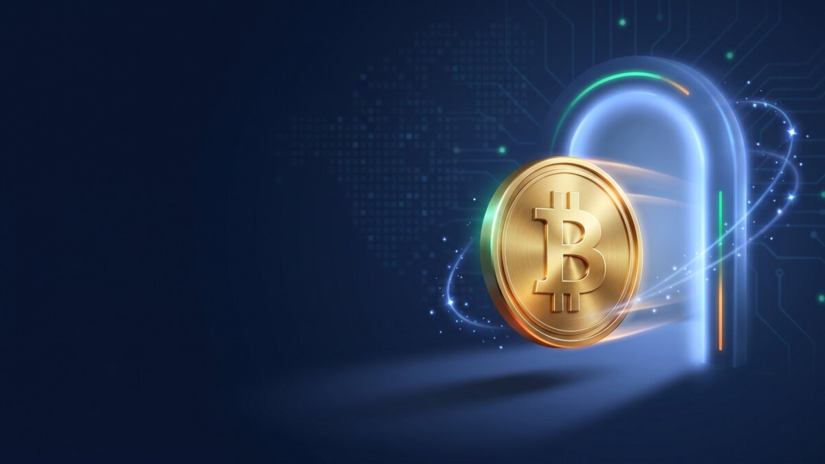 Goldener Bitcoin vor einem regulatorischen Tor als Symbol für den MiCA-Krypto-Stichtag am 1. Juli 2026