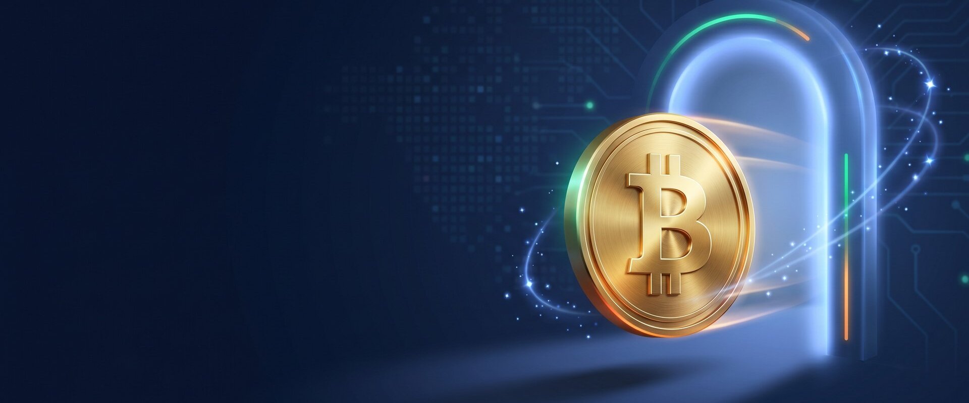 Goldener Bitcoin vor einem regulatorischen Tor als Symbol für den MiCA-Krypto-Stichtag am 1. Juli 2026