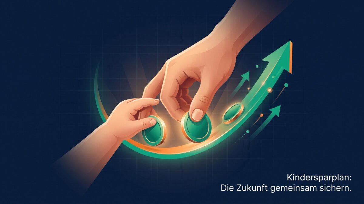 Elternhand und Kinderhand legen gemeinsam Münzen an mit Wachstumspfeilen, Symbol für den Scalable Kindersparplan