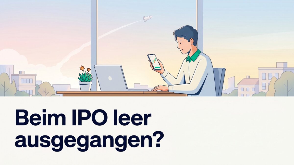 Ruhiger Anleger am Schreibtisch blickt nach dem SpaceX-IPO aufs Smartphone, Schriftzug: Beim IPO leer ausgegangen?
