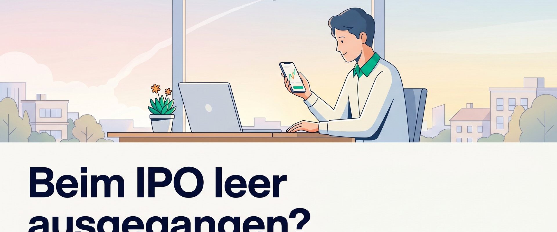 Ruhiger Anleger am Schreibtisch blickt nach dem SpaceX-IPO aufs Smartphone, Schriftzug: Beim IPO leer ausgegangen?