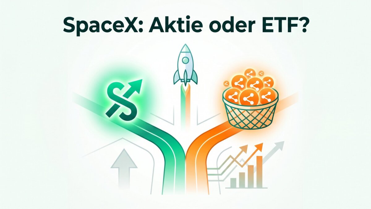 Weggabelung Einzelaktie gegen ETF-Korb mit Raketenmotiv, Schriftzug: SpaceX: Aktie oder ETF?