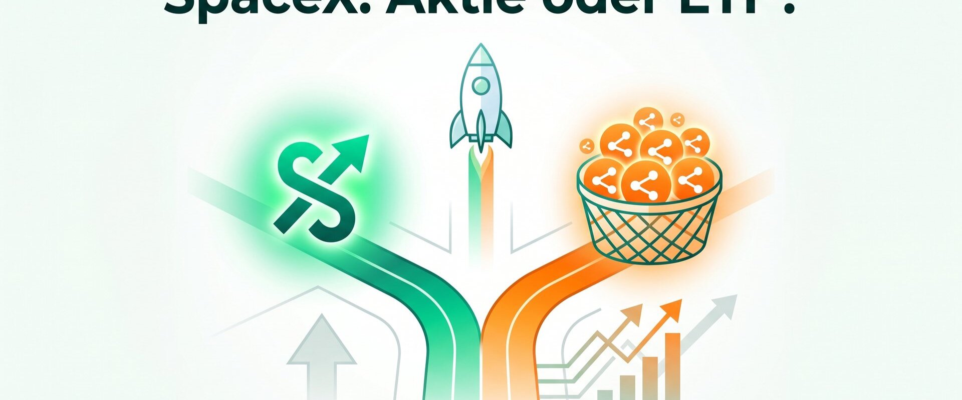 Weggabelung Einzelaktie gegen ETF-Korb mit Raketenmotiv, Schriftzug: SpaceX: Aktie oder ETF?