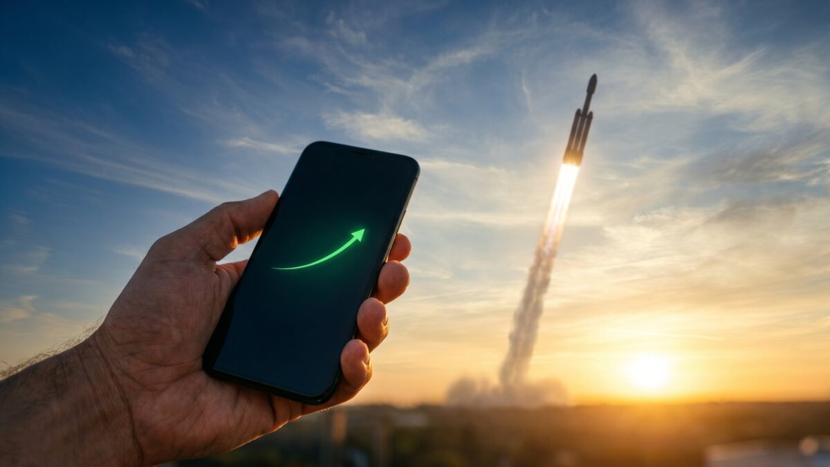 Hand hält ein Smartphone mit grünem Aufwärts-Chart, im Hintergrund startet eine Rakete im Sonnenaufgang