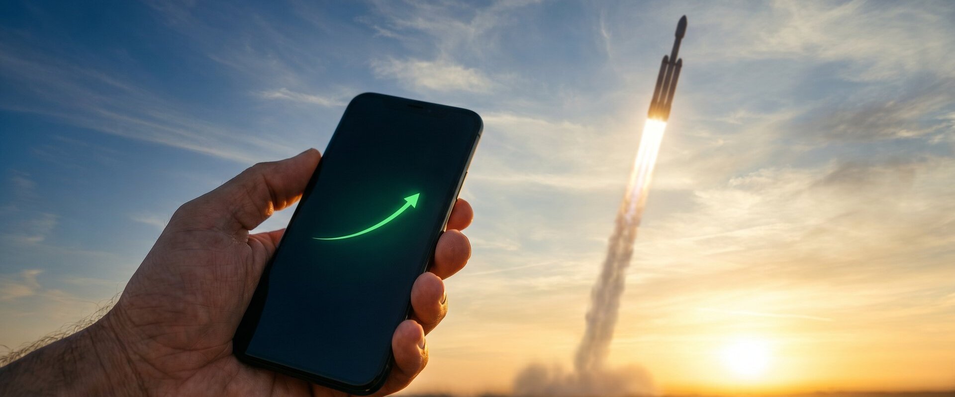 Hand hält ein Smartphone mit grünem Aufwärts-Chart, im Hintergrund startet eine Rakete im Sonnenaufgang