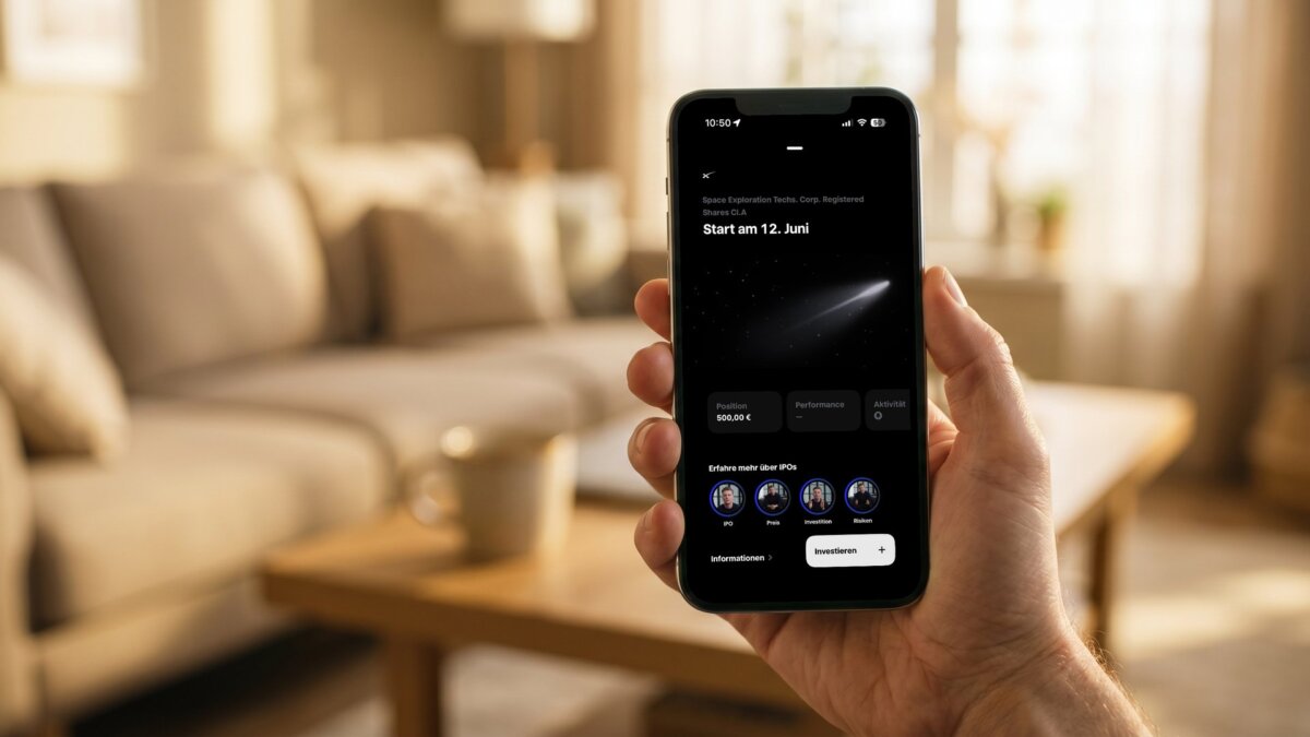 Eine Hand hält in einem hellen Wohnzimmer ein Smartphone mit der Trade-Republic-App: der SpaceX-Börsengang mit Position 500,00 Euro und Start am 12. Juni