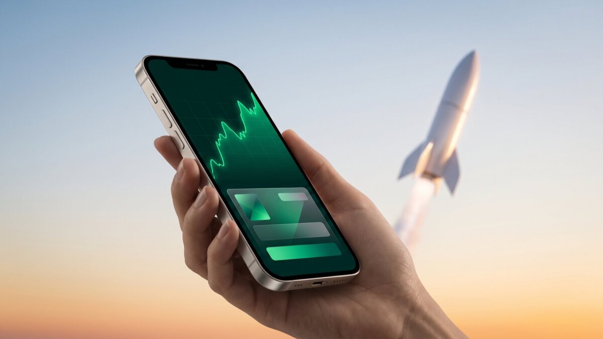 Hand hält Smartphone mit steigendem Aktienchart, im Hintergrund startet eine Rakete als Sinnbild für den SpaceX-Börsengang über Trade Republic