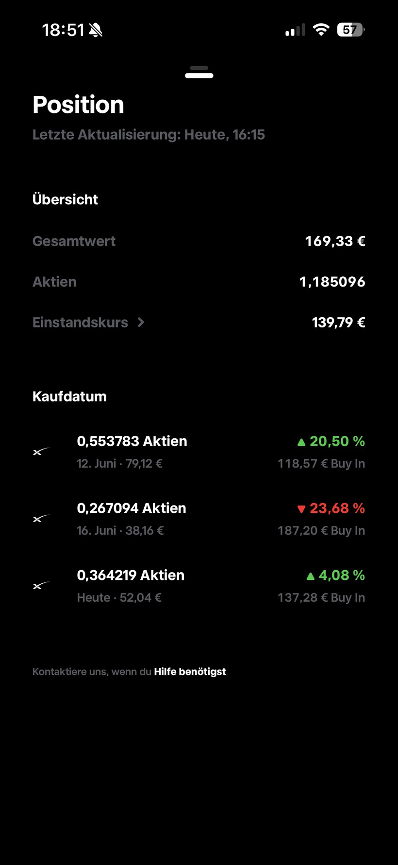 SpaceX-Position: 169,33 Euro Gesamtwert, plus 2,16 Prozent, Einstandskurs 139,79 Euro, drei Sparplan-Kaeufe in der Historie
