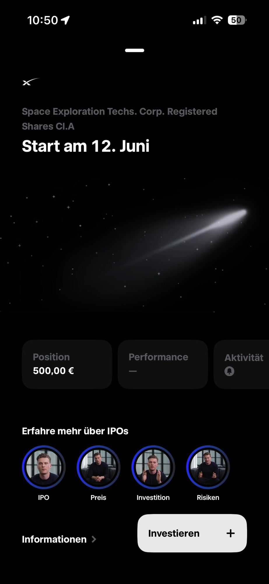 Screenshot der Trade-Republic-App: SpaceX-IPO mit Position 500,00 Euro und Start am 12. Juni