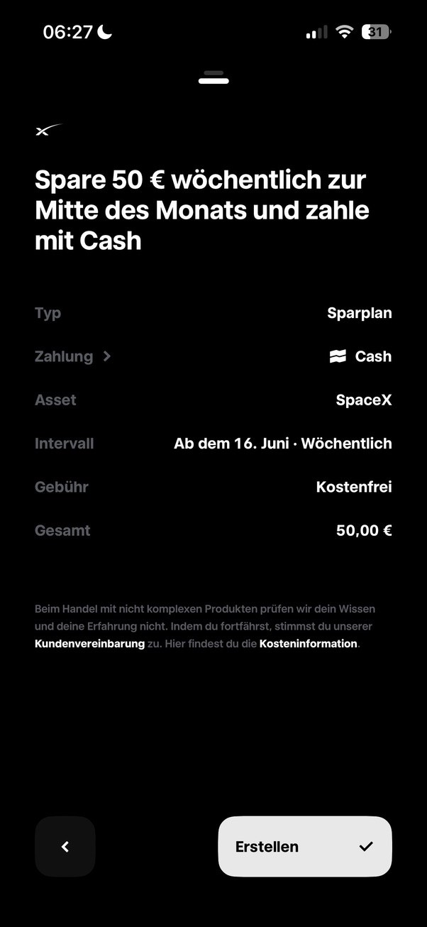 Screenshot der Trade-Republic-App: SpaceX-Sparplan, 50 Euro wöchentlich, Zahlung Cash, Gebühr kostenfrei, ab dem 16. Juni