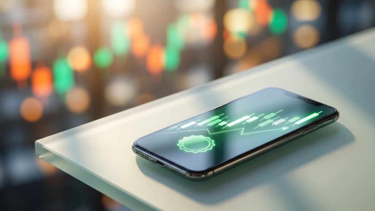 Smartphone mit Börsenchart und Neuemissions-Symbol vor unscharfem Handelsraum-Hintergrund, Trade Republic öffnet den Primärmarkt für Privatanleger