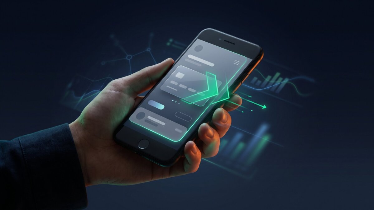 Hand hält ein Smartphone mit Banking-App und leuchtendem Geld-Transfer-Pfeil, Symbolbild für Wero und Trade Republic