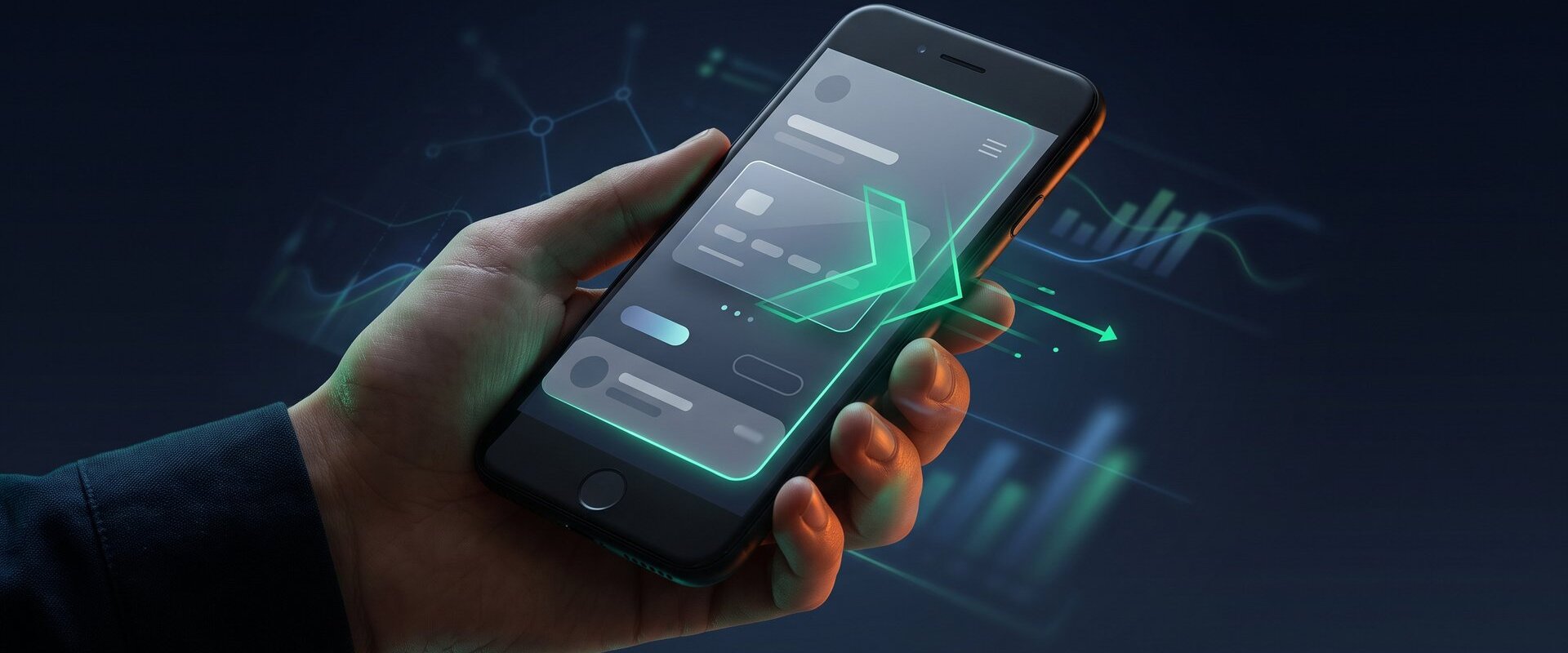 Hand hält ein Smartphone mit Banking-App und leuchtendem Geld-Transfer-Pfeil, Symbolbild für Wero und Trade Republic