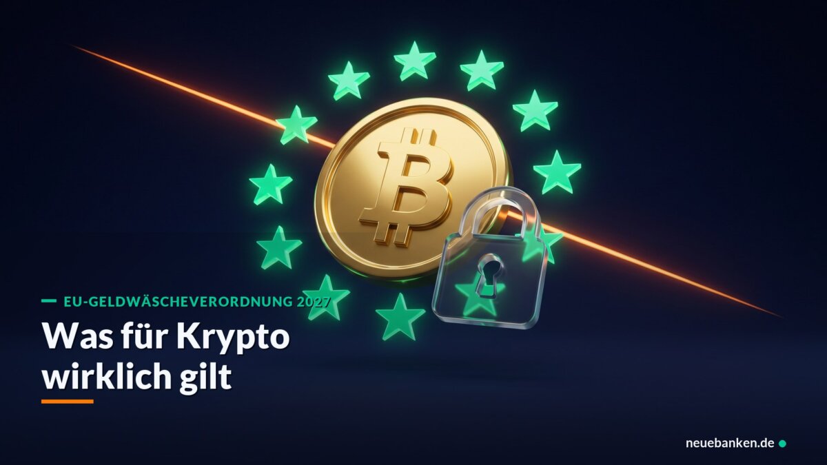 Goldene Bitcoin-Münze im Kranz emeraldgrüner EU-Sterne mit Schloss-Symbol, Titel EU-Geldwäscheverordnung 2027