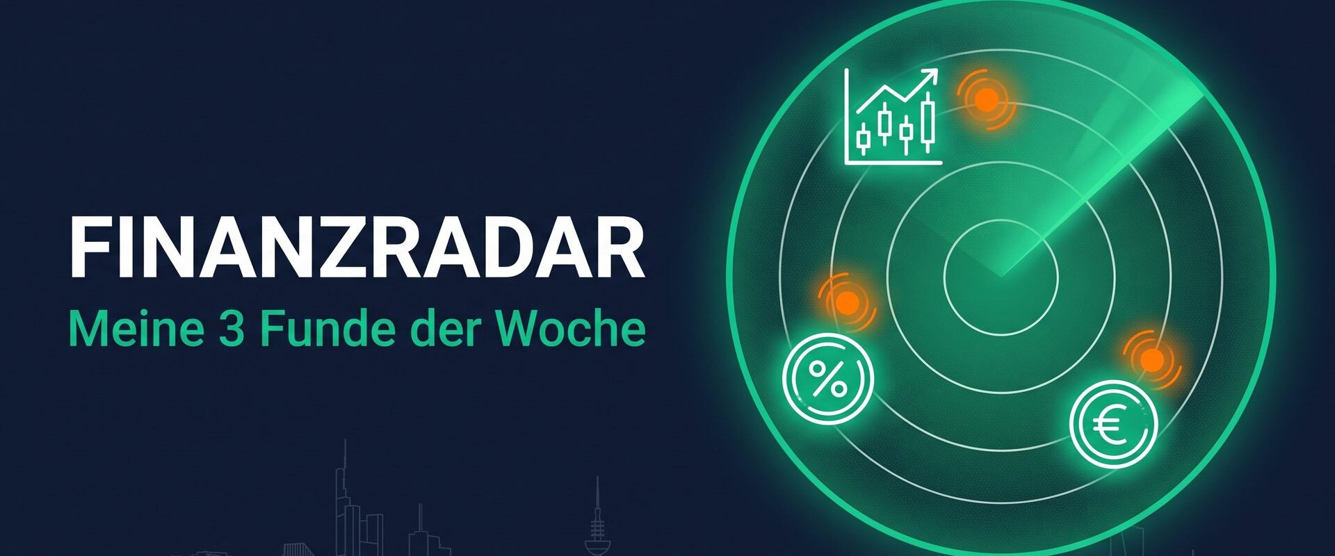 Finanzradar-Radar mit drei Signalen: Trading-Chart, Prozent-Münze und Euro-Münze als die drei Funde der Woche