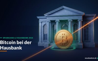 Klassisches Bankgebäude mit goldener Bitcoin-Münze davor, Titel Bitcoin bei der Hausbank, Sparkasse und Volksbank 2026