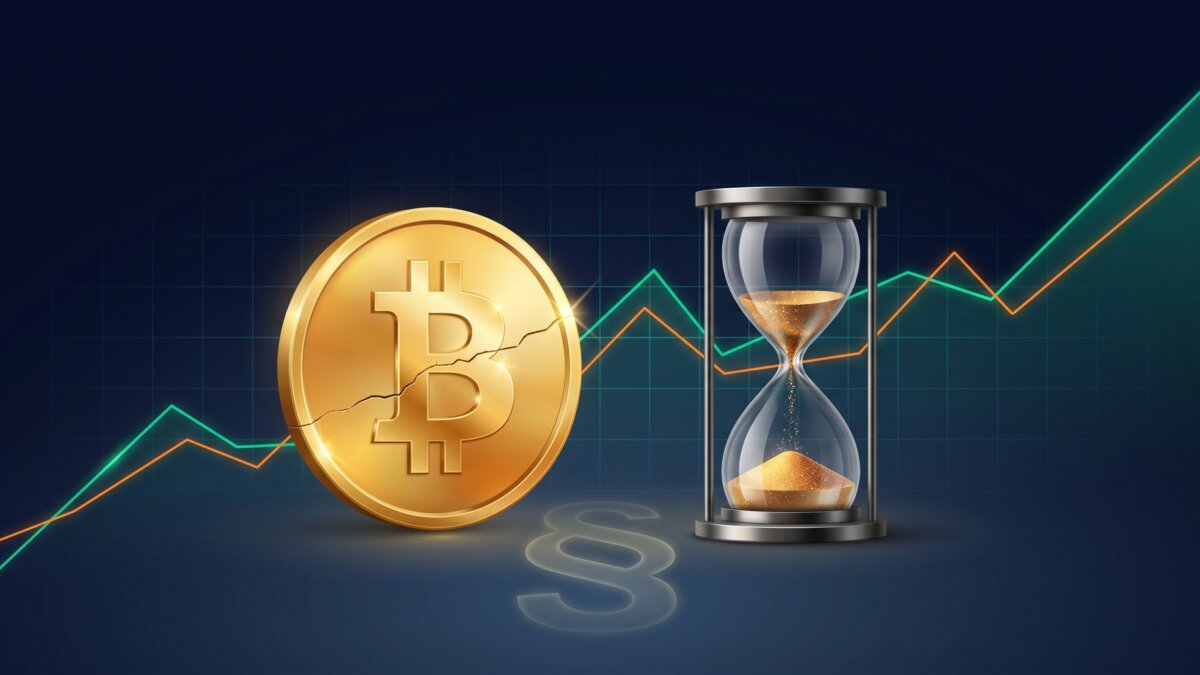 Gerissene Bitcoin-Münze neben einer ablaufenden Sanduhr vor Navy-Hintergrund mit Kurschart und Paragraf-Symbol, Symbolbild für die geplante Abschaffung der Krypto-Haltefrist