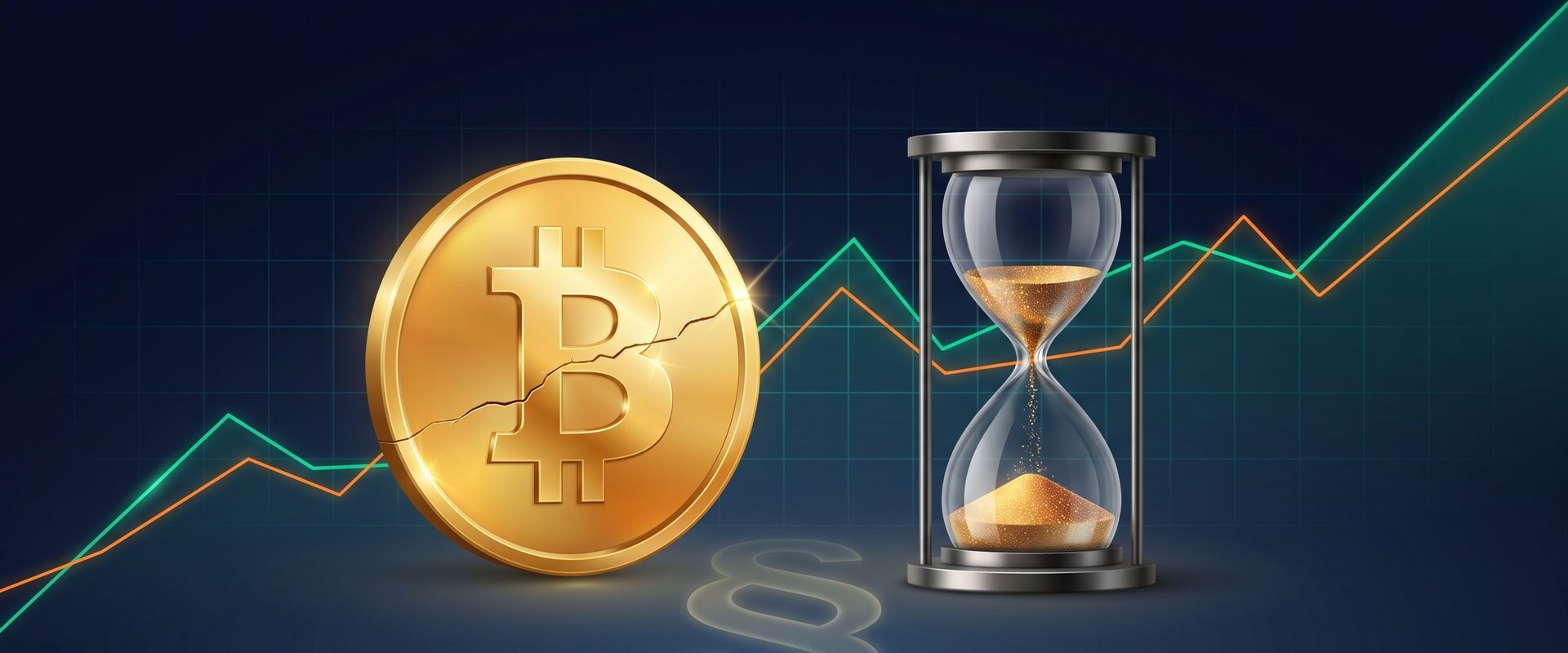 Gerissene Bitcoin-Münze neben einer ablaufenden Sanduhr vor Navy-Hintergrund mit Kurschart und Paragraf-Symbol, Symbolbild für die geplante Abschaffung der Krypto-Haltefrist