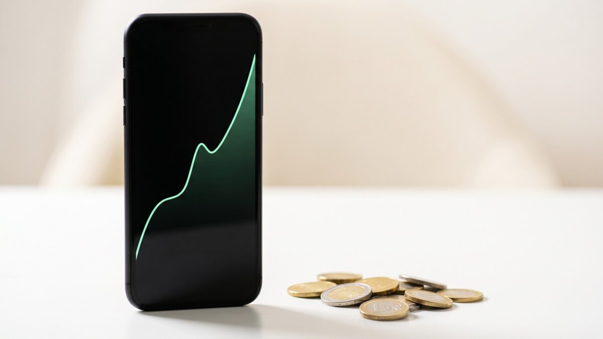 Smartphone mit steigendem Aktienchart neben Euro-Münzen, Symbol für die neue N26-Ordergebühr