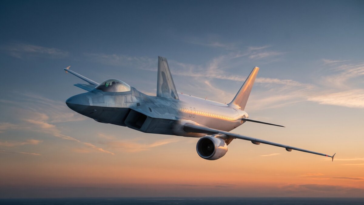 Hybrid-Flugzeug, vorne Düsenjäger, hinten Passagierflieger, als Sinnbild für die Zwiespältigkeit von Investments in Rüstungs- und Verteidigungs-ETFs