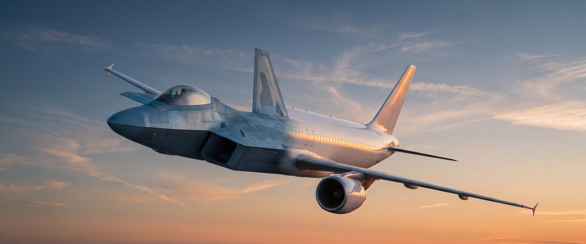 Hybrid-Flugzeug, vorne Düsenjäger, hinten Passagierflieger, als Sinnbild für die Zwiespältigkeit von Investments in Rüstungs- und Verteidigungs-ETFs