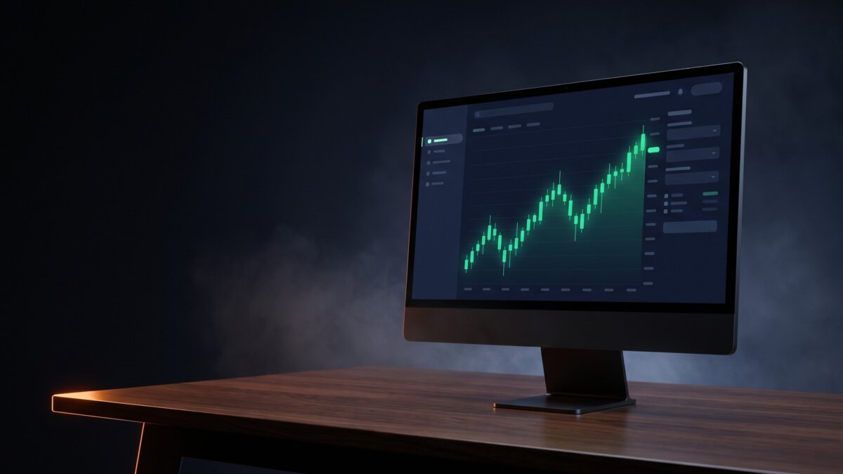Trade Republic Web Terminal mit grünem Aktienchart auf einem Desktop-Monitor