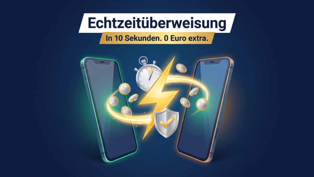 Zwei Smartphones mit Blitz, Stoppuhr, Euro-Münzen und Prüfsiegel-Schild: Echtzeitüberweisung in 10 Sekunden ohne Aufpreis