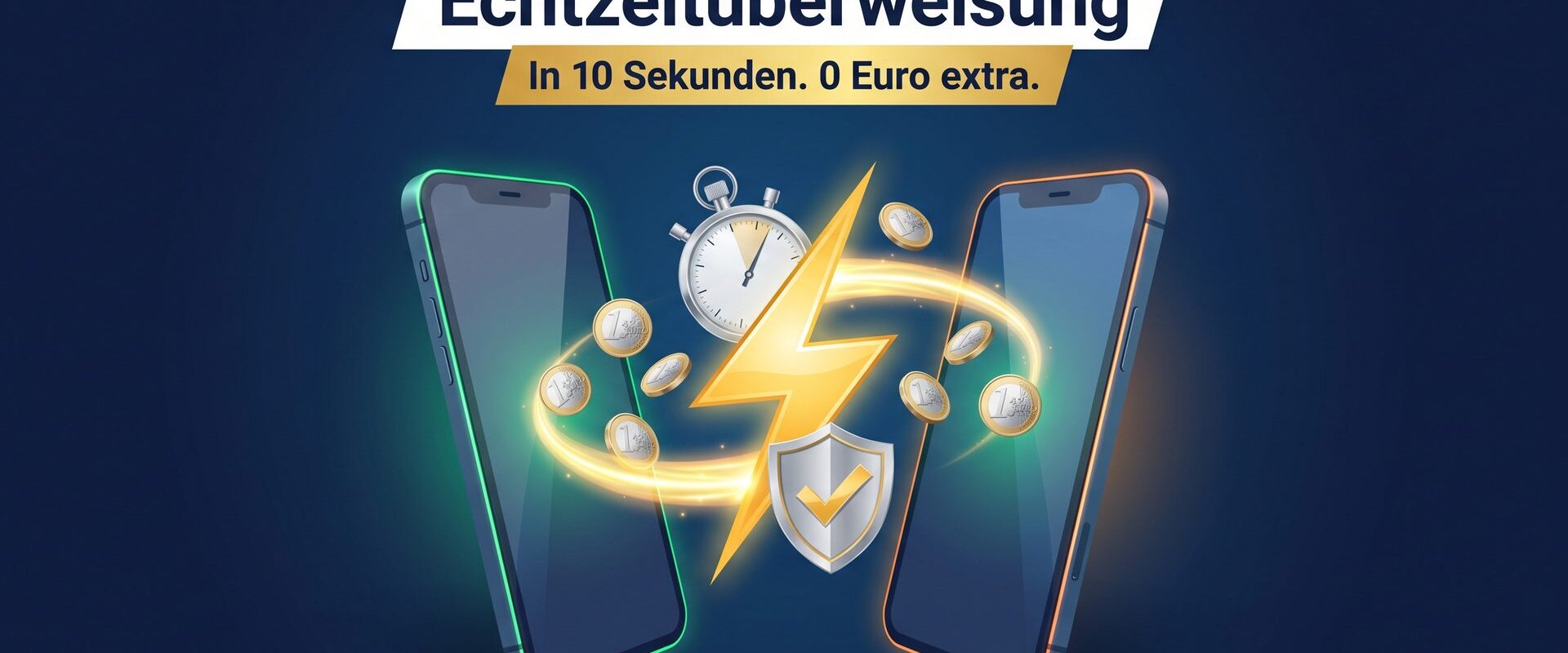 Zwei Smartphones mit Blitz, Stoppuhr, Euro-Münzen und Prüfsiegel-Schild: Echtzeitüberweisung in 10 Sekunden ohne Aufpreis