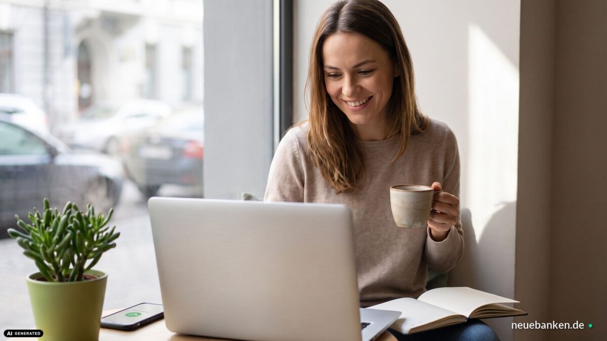 Frau meldet sich am Laptop entspannt für die Altersvorsorgedepot-Warteliste an (KI-generiertes Bild)