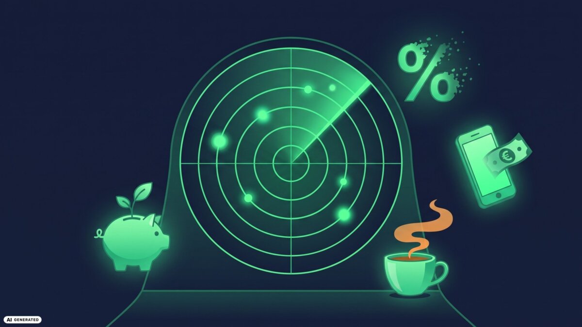 Grün leuchtender Radar-Bildschirm erfasst ein sich auflösendes Prozentzeichen, ein Smartphone mit Euro-Schein und ein Sparschwein, daneben dampft ein Morgenkaffee: der Finanzradar-Wochenrückblick (KI-generiertes Bild)