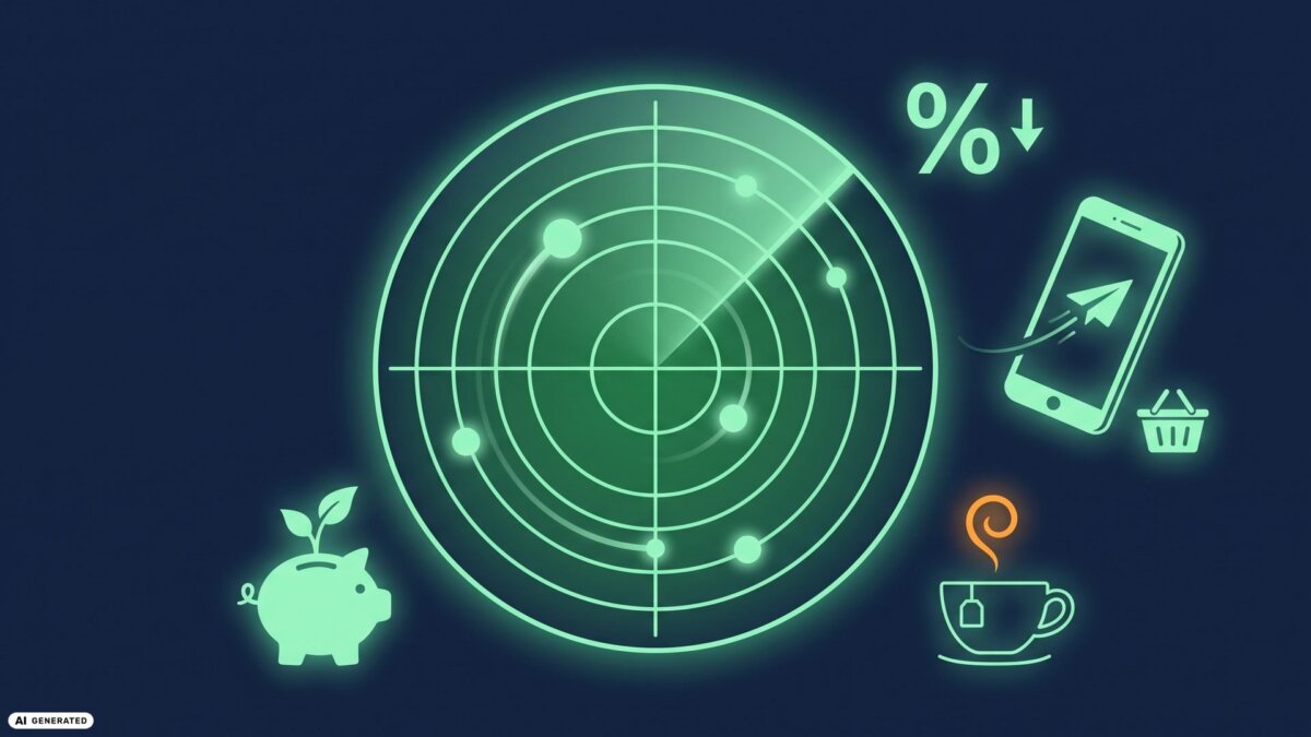 Grün leuchtender Radar-Bildschirm, daneben ein sinkendes Prozentzeichen, ein Smartphone mit Papierflieger, ein Einkaufskorb, ein Sparschwein und eine dampfende Tasse Tee: der Finanzradar-Wochenrückblick am Sonntagabend (KI-generiertes Bild)