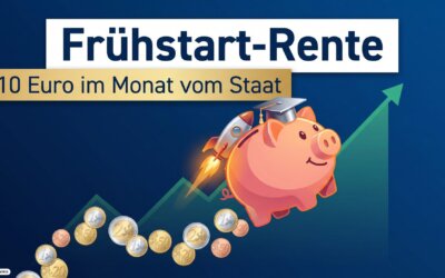 Sparschwein mit Raketen-Rucksack und Doktorhut steigt entlang einer Wachstumskurve auf, Euro-Münzen als Spur: die Frühstart-Rente mit 10 Euro monatlich vom Staat (KI-generiertes Bild)